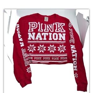 HP🏆 Victoria's Secret Pink Nation Holiday Campus Cropped Long‎ Sleeve Tee, XS